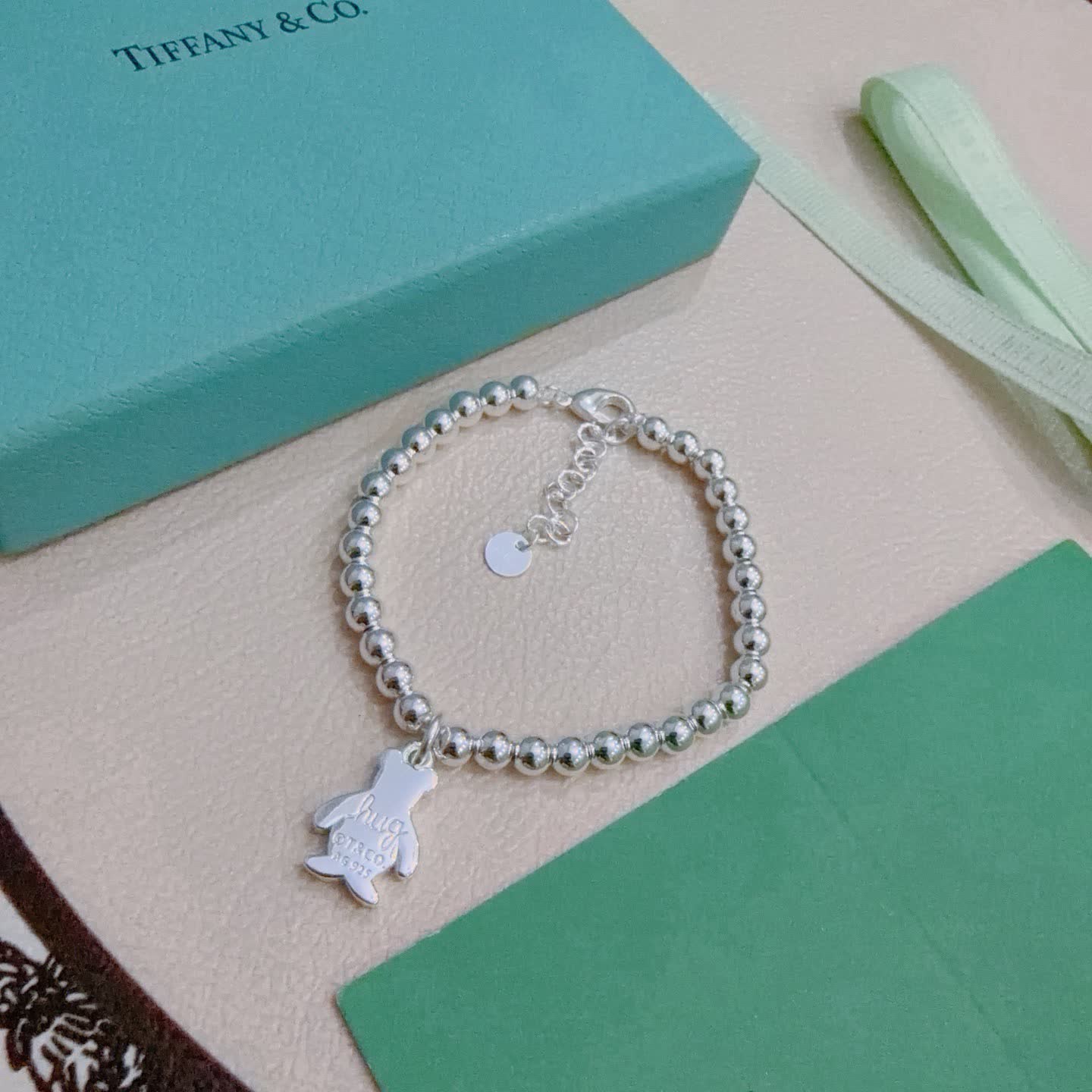 Tiffany & Co. Sterling Silver Beaded Bracelet with Huggy Bear Charm